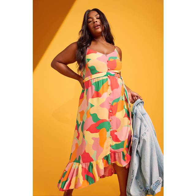 Yours Curve Pink Abstract Print Frill Hem Midi Dress, Women's Curve & Plus Size, Yours - 34-36