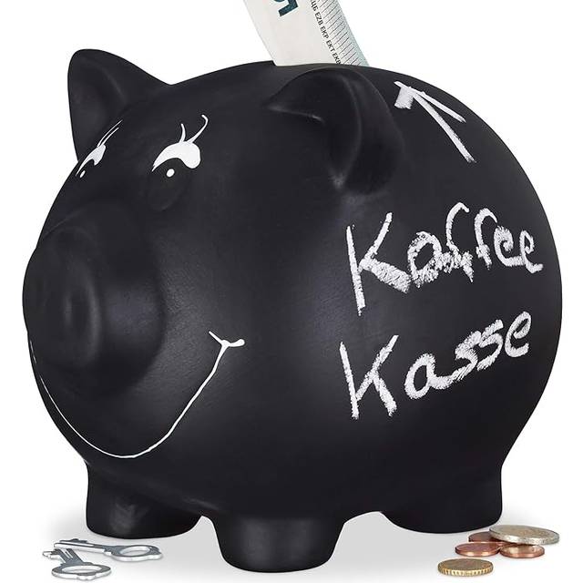 Chalkboard Piggy Bank, Ceramic, Wedding, Birthday, Money Savings Animal, HxWxD: 14 x 17 x 13 cm, Black - Relaxdays