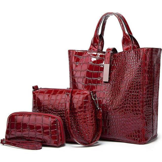 One-shoulder Cross-body Bag For Women, Large-capacity Crocodile-print Patent Leather Tote - Wine Red