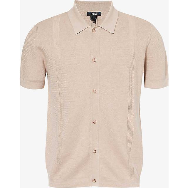 Paige Mens Mocha Cream Mendez Short-sleeve Cotton and Linen-blend Knit Shirt M