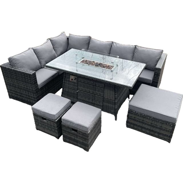 Fimous 9 Seater Rattan Corner Sofa Set Gas Firepit Dining Table Set Patio Heater Burner With Big Footstool Dark Grey Mixed