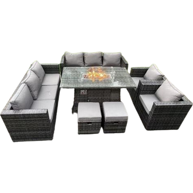 Outdoor Rattan Garden Furniture Gas Fire Pit Dining Table Sets Gas Heater Lounge Chairs Small Footstools Dark Mixed Grey 10 Seater - Fimous