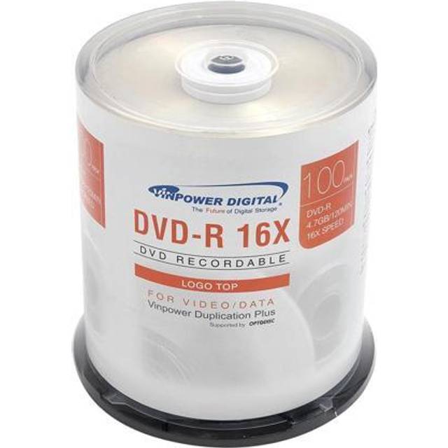 Vinpower Digital DVD-R 4.7GB 16x Branded Logo Recordable Media Disc - 100 Disc Cake Box Spindle FFP 132-815-BX