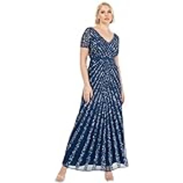 Short Sleeve Stripe Embellished Maxi Dress - Navy - 14