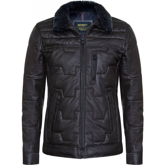 Men's brown puffer leather jacket quilted bomber warm lambskin biker jacket