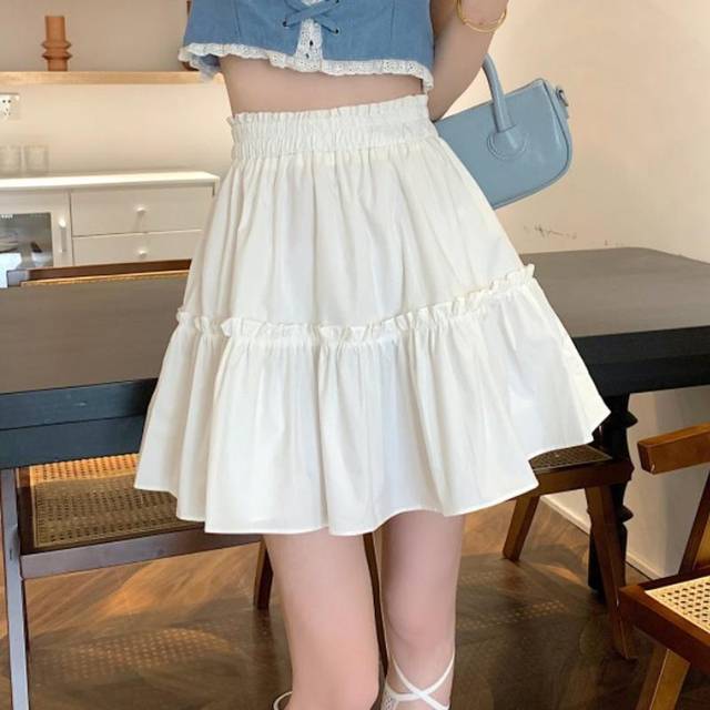 HOUZHOU Mini Skirts Women Kawaii Cute Patchwork High Waist Pleated Skirt Korean Fashion Preppy Style S white