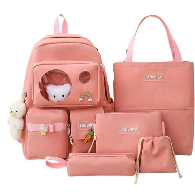 Kawaii Aesthetic Cute 5pcs School Bags Set with Accessories School Suppliers for Teens Girls Backpack Tote Bag (Pink)Â¡