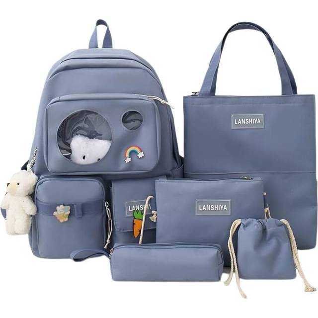Kawaii Aesthetic Cute 5pcs School Bags Set with Accessories School Suppliers for Teens Girls Backpack Tote Bag (Blue)Â¡