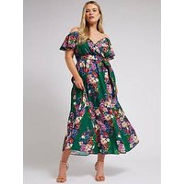 Yours London Curve Green Floral Print Cold Shoulder Wrap Dress, Women's Curve & Plus Size, Yours London - 14