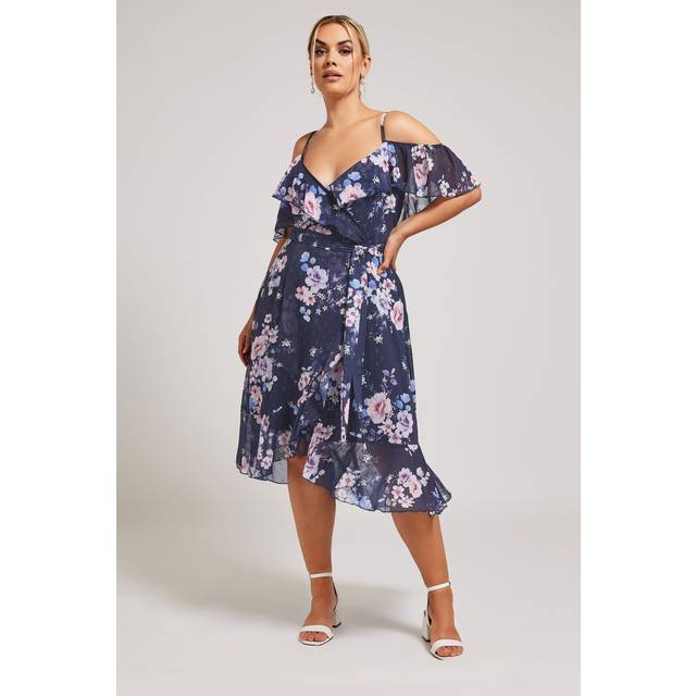 Yours London Curve Navy Blue Floral Print Ruffle Hem Dress, Women's Curve & Plus Size, Yours London - 18