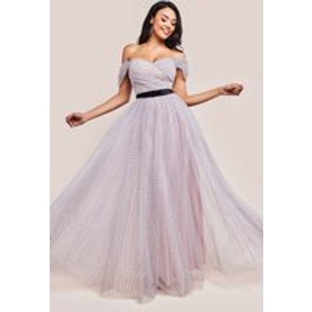 Dobby Mesh Off The Shoulder Princess Maxi Dress - Blush by Goddiva - 12