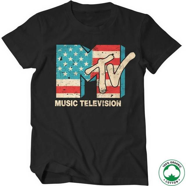 MTV Distressed USA-Flag Organic T-Shirt (S Black)