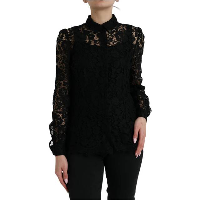 Dolce & Gabbana, Blusar & Skjortor , Dam, S, Bomull, Elegant Blus med Blommig Spets - black (S)
