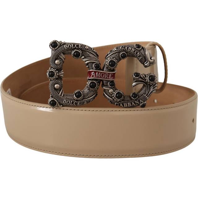 Dolce & Gabbana Beige Leather Silver Logo Buckle Amore Belt - 75 cm / 30 Inches