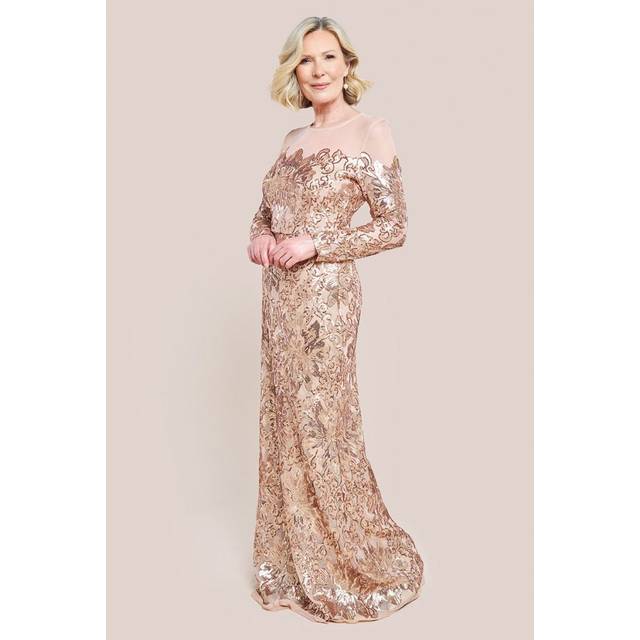 Goddiva Floral Sequin Mesh Maxi Dress - Champagne - 8