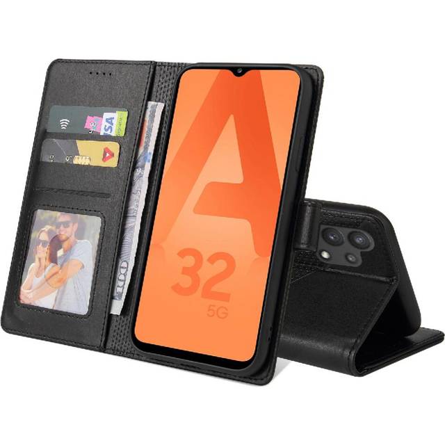 (Black) Flip Case for Samsung Galaxy A32 5g Three Card Slots Premium Leather 4 Corner Protection Shockproof Kickstand