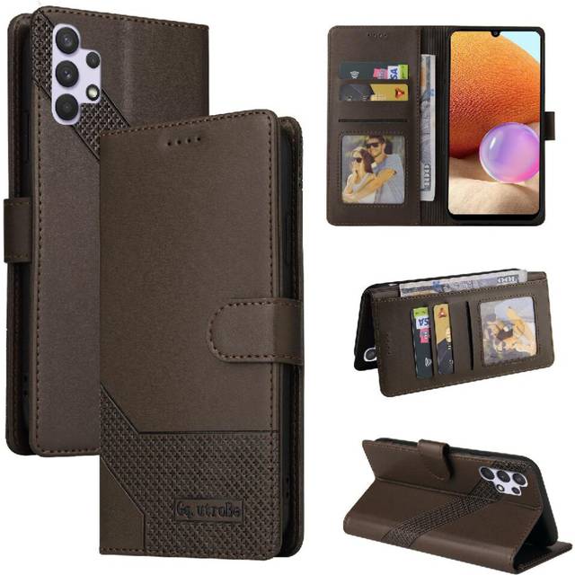 (Brown) Flip Case for Samsung Galaxy A32 4g Shockproof 4 Corner Protection Kickstand Three Card Slots Premium Leather