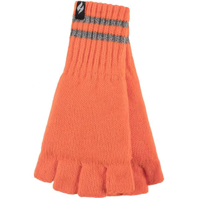Heat Holders Mens Knitted Fingerless Reflective Gloves for Winter - Orange - One Size