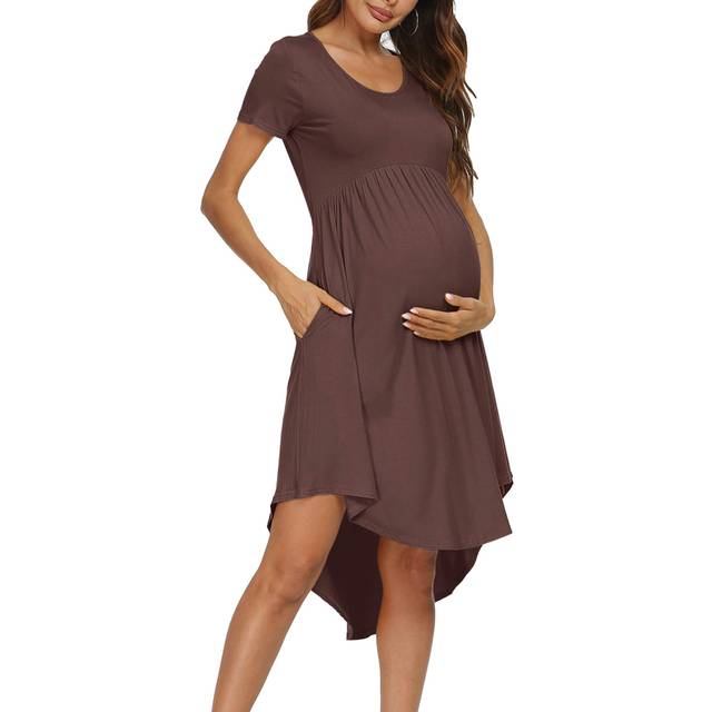 levaca Womens Summer Beach Short Sleeve Casual Midi Dress with Pockets Coffee M