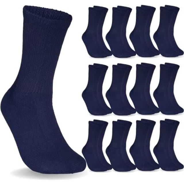 Special Essentials 12 Pairs Cotton Diabetic Socks for Men & Women - Non-Binding Extra Wide Top Neuropathy Socks - Crew Socks Navy 10-13