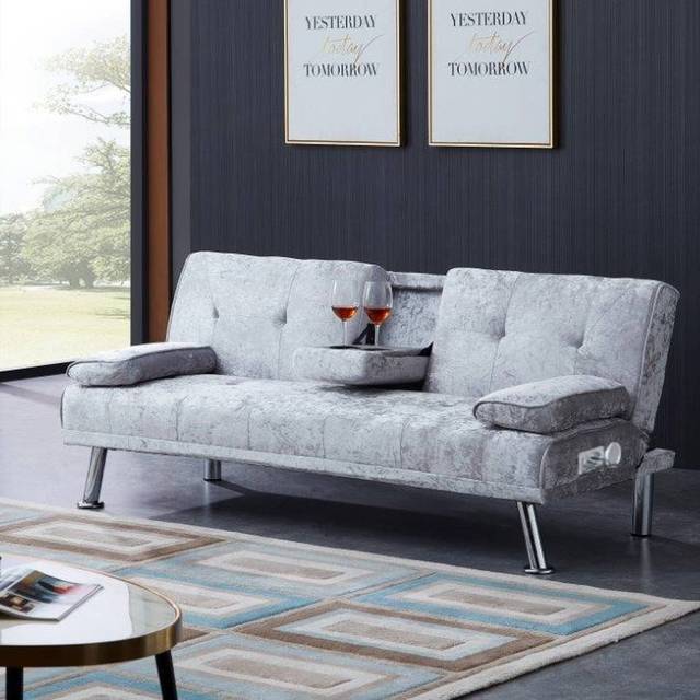 (Steel) Bluetooth Cinema Sofa Bed with Drink Cup Holder Table Crush Velvet 4 Colours