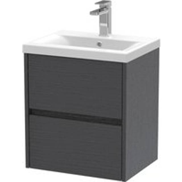 Square Wall Hung 2 Drawer Vanity Unit & Ceramic Basin, 500mm - Woodgrain Graphite Grey