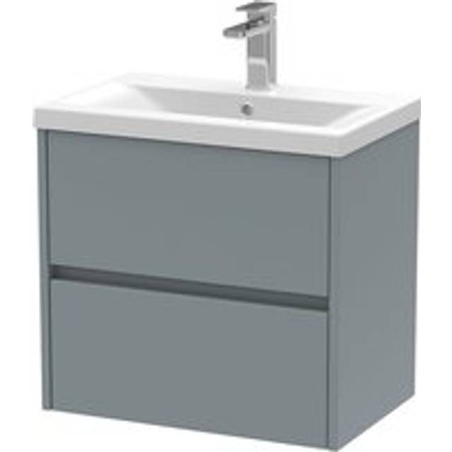 Square Wall Hung 2 Drawer Vanity Unit & Ceramic Basin, 600mm - Matt Coastal Grey