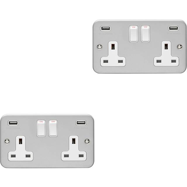 2 PACK 2 Gang 13A Switched UK Plug Socket & 2.1A USB-A HEAVY DUTY METAL CLAD