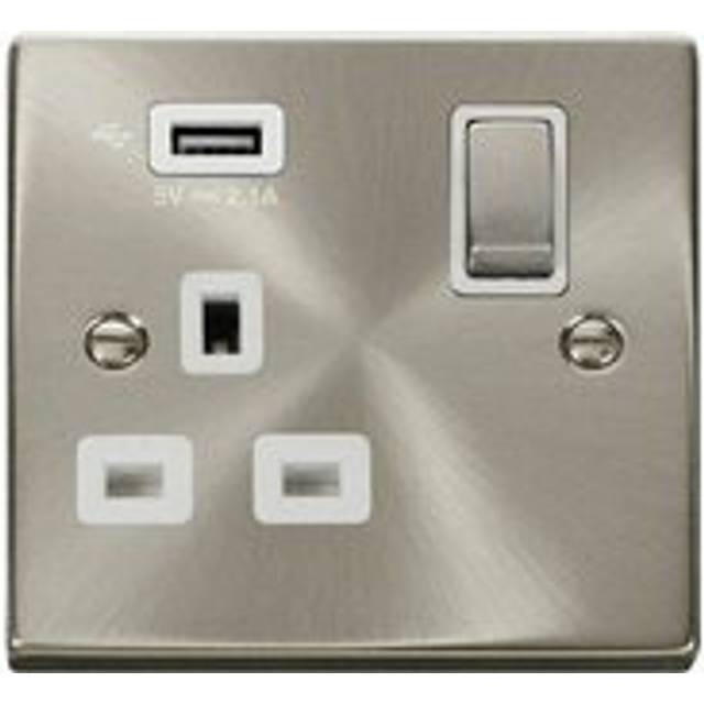 Satin / Brushed Chrome 1 Gang 13A DP Ingot 1 USB Switched Plug Socket - White Trim - SE Home