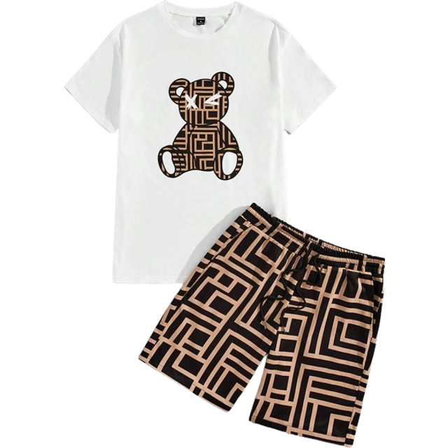 Manfinity Men&#39;s Cartoon Printed Knitted Short Sleeve T-Shirt And Woven Shorts Set Summer Outfit, Streetwear Essentials