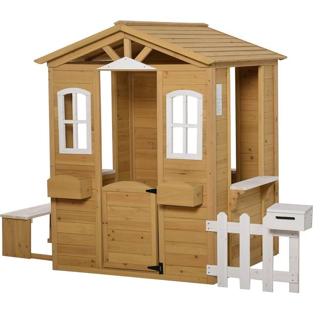 Outsunny Wooden Playhouse for Kids Outdoor Wendy House with Door, Windows, Mailbox, Flower Pot Holder, Serving Station, Bench for Children, Toddlers,