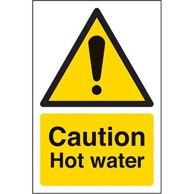 VSafety Caution Hot Water Sign - Portrait - 100mm x 150mm - Self Adhesive Vinyl