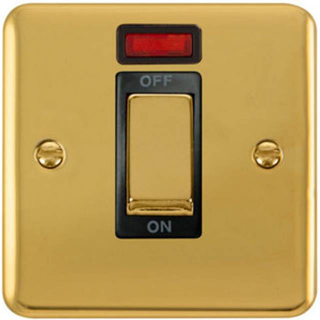 Curved Polished Brass 1 Gang Ingot Size 45A Switch With Neon - Black Trim - SE Home