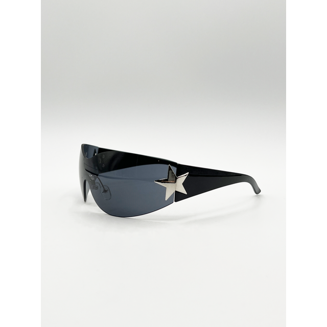 SVNX Womens Wrap Around Racer Sunglasses with Star Hinge Detail in Black - One Size