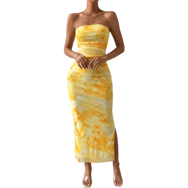 Damer Tie Dye axelbandslös klänning med sido slits nederkant Maxi kvinnor outfit - Gul (L,M,S,XL,XS,XXL)