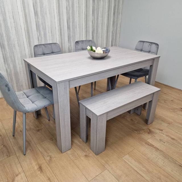 Kosy Koala Dining Table And 4 Chairs With Bench Grey 4 Grey Velvet Chairs Wood, Multi