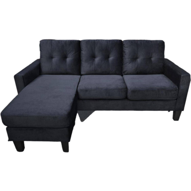 Portland 3 Seater Black Velvet L Shape Reversible Corner Sofa with Ottoman