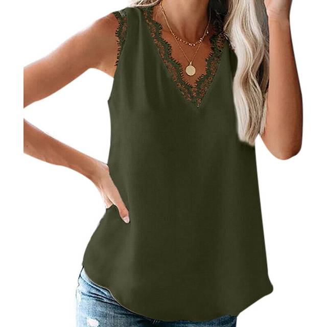 (Green, M) Women's Lace V-Neck Tank Top Sleeveless Casual Loose T-Shirt Vest Tops Pullover