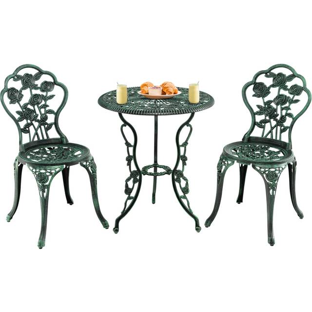 3pcs Bistro Table Set Round Table & 2 Chairs Umbrella Hole Rose Design