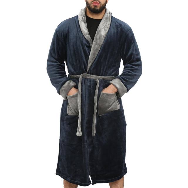 (S, Navy) Adults Fleece Bathrobe Dressing Gown Soft Bath