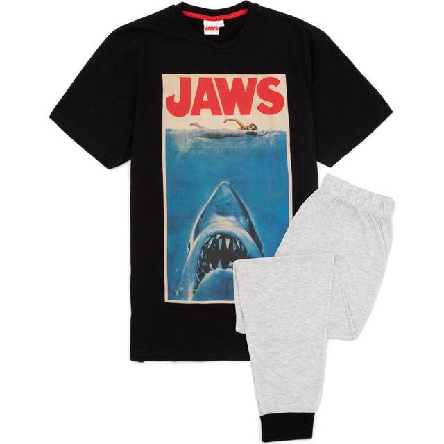 (Small) Jaws Short Sleeve Long Leg Pyjama Set (Mens Black)
