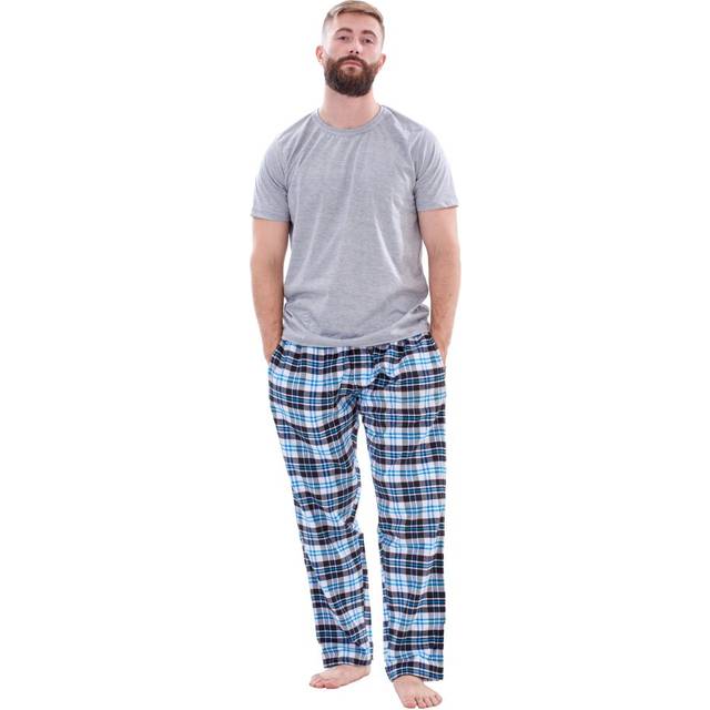 (Grey, XXL) Malay Mens Flannel Pyjama Set Brushed Cotton Check Jersey Top Loungewear Lightweight