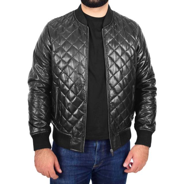 (M) Mens Bomber Leather Jacket Black Fully Quilted Padded Fitted Varsity - Darren