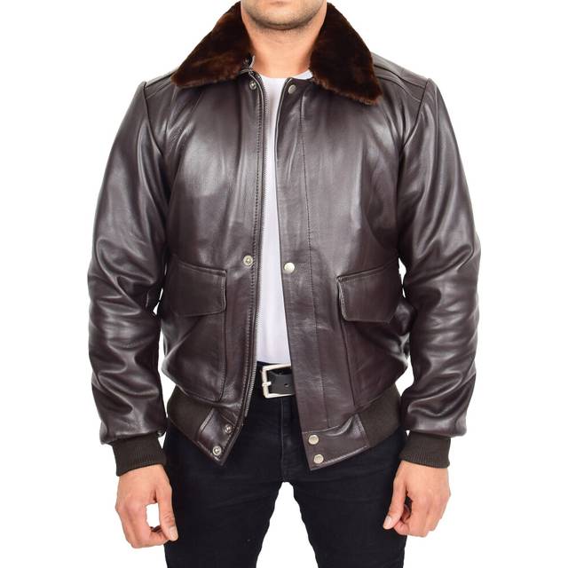 (Brown, XL) Mens Genuine Cowhide Brown Leather Flight Jacket Sheepskin Collar Bomber Harrier