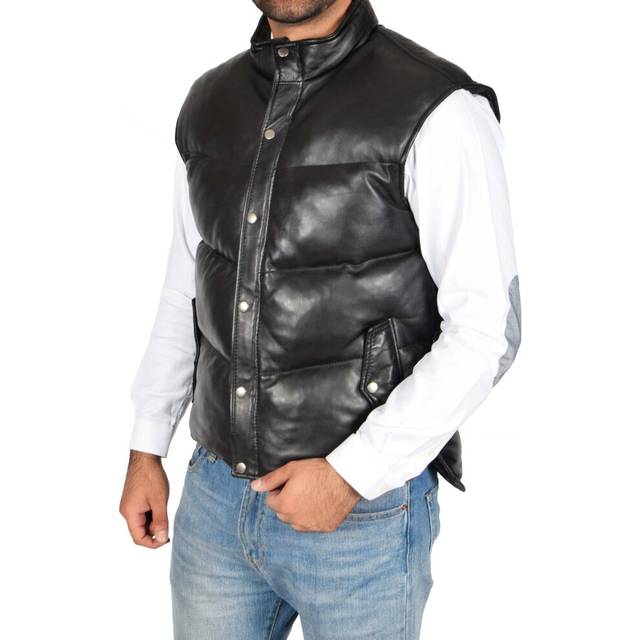 (Black, S) Mens Quilted Leather Waistcoat Body Warmer Gilet Jeff Black