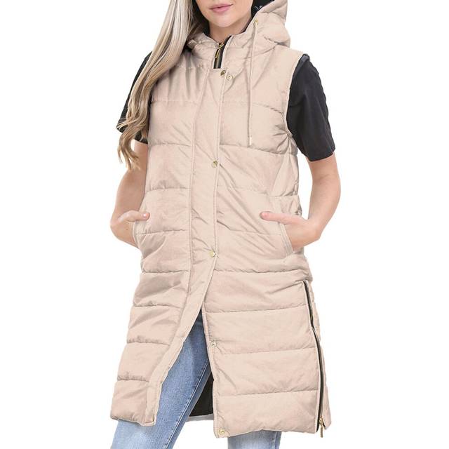 (8, Stone) Ladies Down Vest Oversized Gilet Long Line Jacket