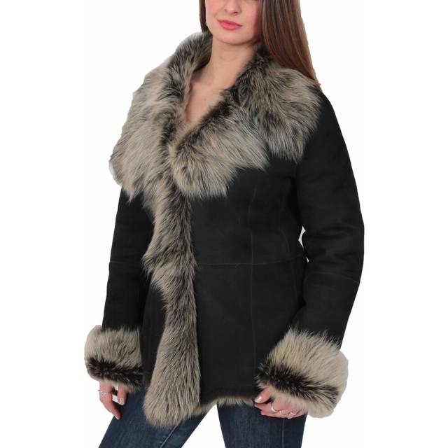 Womens fitted genuine toscana real sheepskin coat black sueded shearling jacket