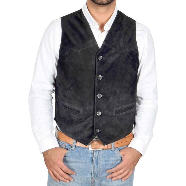 (Black, XL) Mens Real Suede Leather Waistcoat Classic Vest Gilet Cole Black