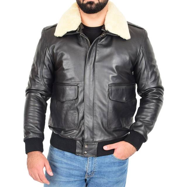 (Black, XL) Mens Genuine Cowhide Black Leather Flight Jacket Sheepskin Collar Bomber Harrier