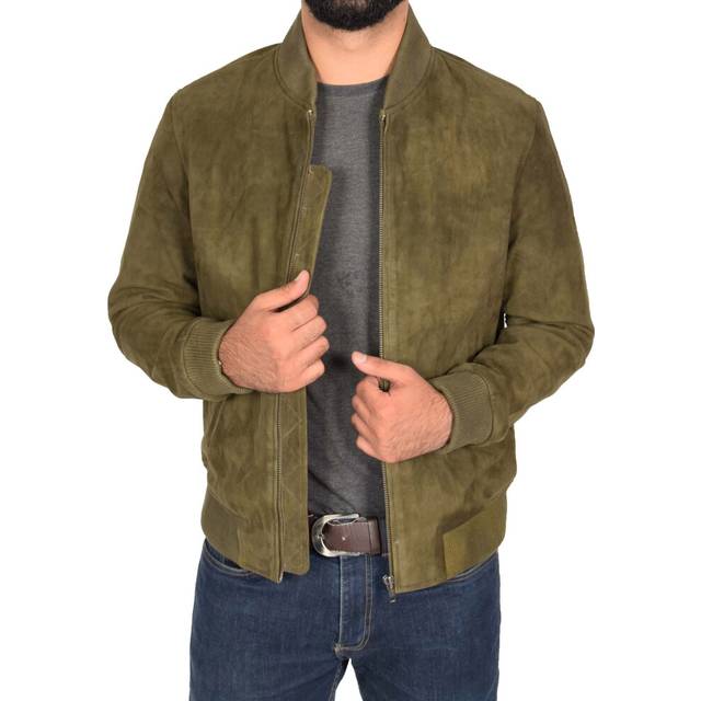 Mens soft goat suede bomber jacket slim sports varsity baseball coat olive green
